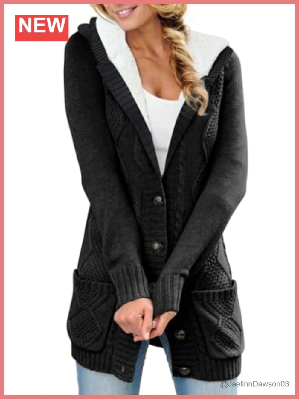 Cable Knit Fleece Lined Hood Cardigan Sweater Women's Acrylic Sherpa